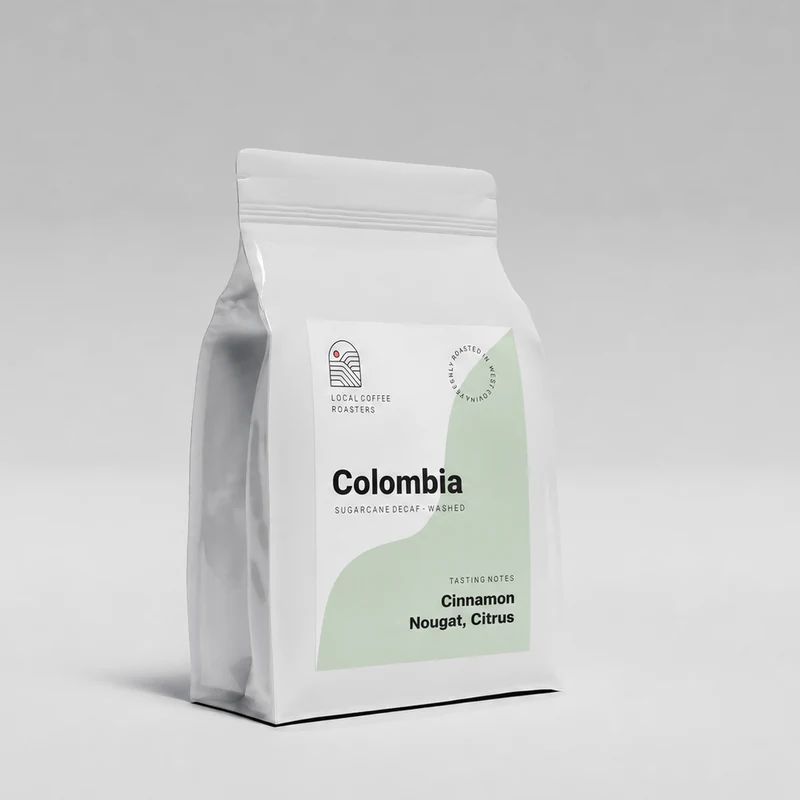 12 oz bag of Local Coffee Roasters Colombia sugarcane decaf whole bean coffee