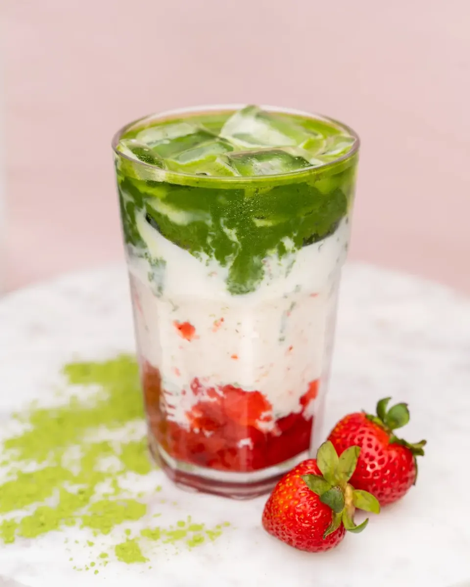 Iced strawberry matcha latte at +Bake Cafe