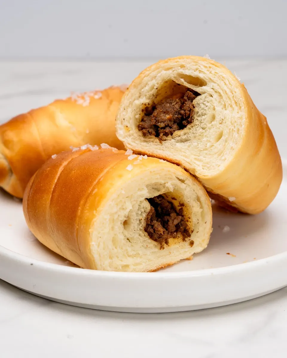 Beef salt bread cut in half to show the filling, with flaky salt on top